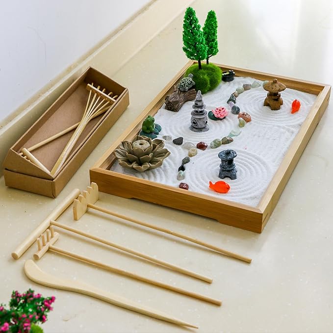 Desk Zen Garden Kit - 11x7.5in Mini Rock Garden Zen Gift Set for Home Office Desk Japanese Decor, Zen Sand Garden, 7 Tools, 21 Accessories.Bamboo Sand Tray Therapy Desktop Meditation Room Gifts