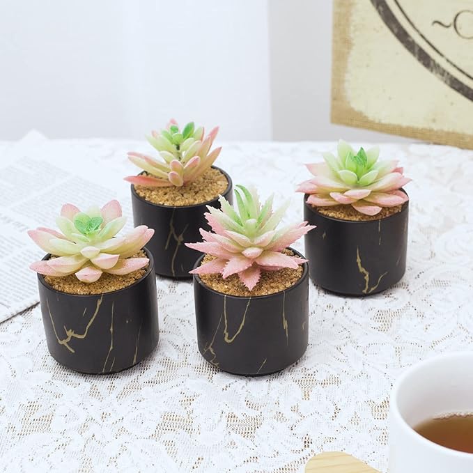 zenmag Mini Succulents Plants Artificial, Mini Succulents Plants Artificial in Black Ceramic Pots for Desk Office Livingroom Bathroom and Home Decoration Set of 4 Artificial Succulents