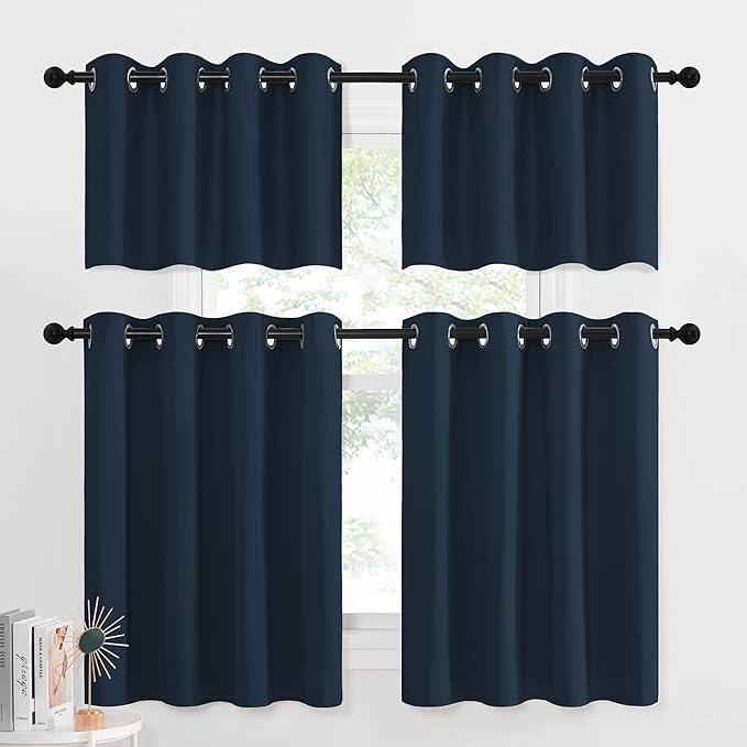 NICETOWN Short Curtains for Kitchen Windows - Grommet Thermal Insulated Blackout Curtain Draperies for Nursery/Kitchen/Bedroom/Bay Window, 2 Panels, 52W x 36L.2 inches Header, Navy