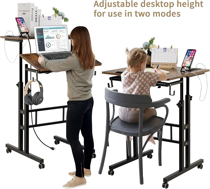 SIDUCAL Mobile Stand Up Desk, Adjustable Laptop Desk with Wheels, Home Office Workstation with USB Ports and Outlets, Rolling Desk Laptop Cart for Standing or Sitting, Rustic Brown