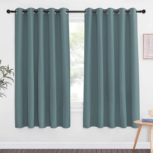 NICETOWN Blackout Curtains 66 inches Long, Grommet Window Treatment Thermal Insulated Solid Blackout Curtains/Panels/Drapes for Bedroom, Greyish Blue, Set of 2, W66 x L66