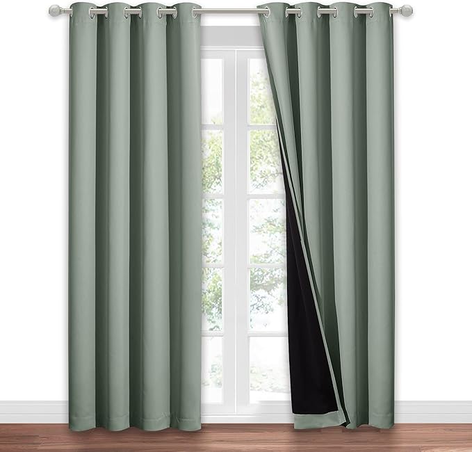 NICETOWN Greyish Green 100% Blackout Window Curtain Panel, Cold and Full Light Blocking Drape with Black Liner for Nursery, 84 inches Drop Thermal Insulated Draperies (1 PC, 52 inches Wide Each Panel)