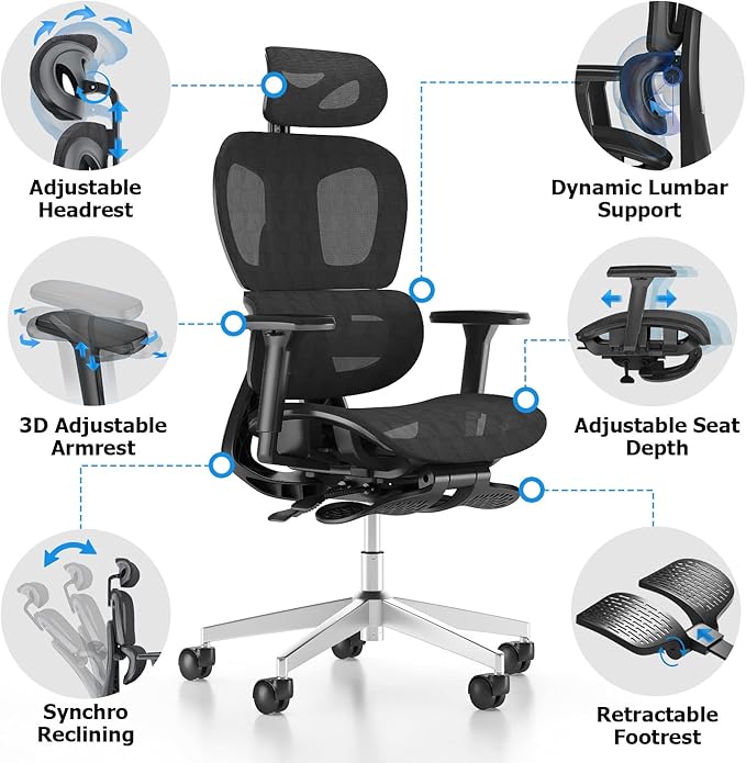 Ergonomic Mesh Office Chair with 3D Adjustable Armrest,High Back Desk Computer Chair Ergo3d Ergonomic Office Chair with Wheels for Home & Office Black