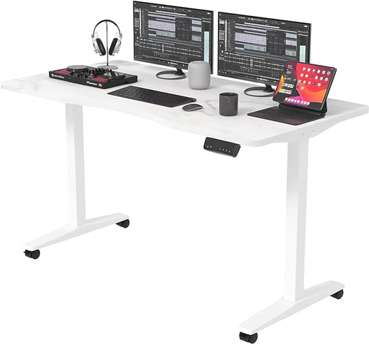 Monomi Height Adjustable Electric Standing Desk, 55 x 24 Inches Stand up Desk, Sit Stand Home Office Computer Desk(White Frame+Marble White Top)