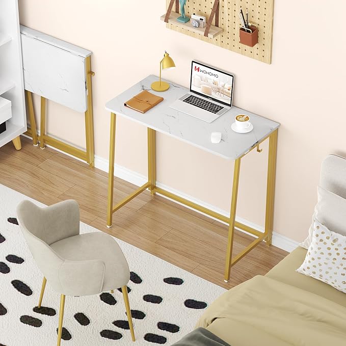 WOHOMO White Marble Folding Desk, 31.5" Small Desk for Small Spaces with Gold Legs, Easy Assemble Foldable Computer Desk, Mini Portable Working Table for Home Office, White and Gold