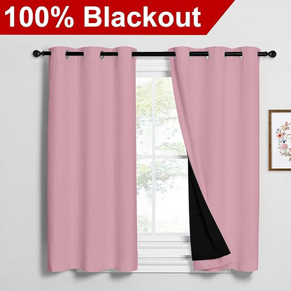 NICETOWN Crystal Pink 100% Blackout Curtains 2 Panels with Black Liners, Thermal Insulated Full Blackout 2-Layer Lined Drapes, Noise Cancellation Window Draperies for Dining Room (42" W by 54" L)