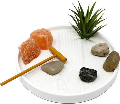 Nature's Mark Mini Zen Garden Kit for Desk with White Sand, Rake, White Base, Salt Rock and Air Plant (Round)