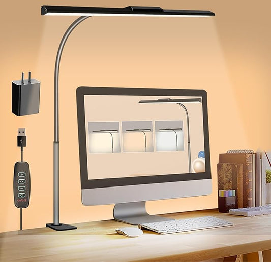 Desk Lamp for Home Office Eye-Caring Architect Desk Lamp with Clamp 3 Colors Dimmable Swing Arm Task Lamp with Key Control Workbench Light for Painting Reading Sewing Crafting-Black (with Adatper)