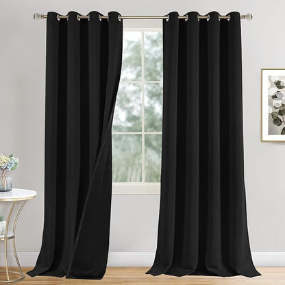 Black Blackout Curtains 90 Inch Long for Living Room/Bedroom, Thermal Insulated Light Blocking Room Darkening Curtains Soundproof Grommet Thick Long Window Curtains, Each 52 Inch Wide, Black