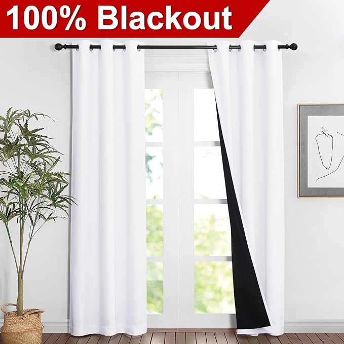 NICETOWN White Blackout Curtains 84 inches Long, Full Light Blocking Drapes with Black Liner for Nursery, Noise Reducing Thermal Insulated Draperies for Doorway (2 Pieces, 37" Wide Each Panel)