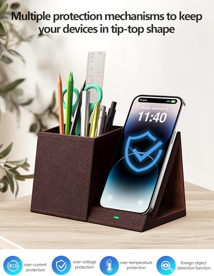 2-in-1 Pen Holder with Wireless Charger, Compatible with iPhone 16/15/14/13/12/11/8 Series, Pencil Holder Phone Stand for Desk Home Office, Men Gift Husband Wife Anniversary Dad Birthday Idea Gadget