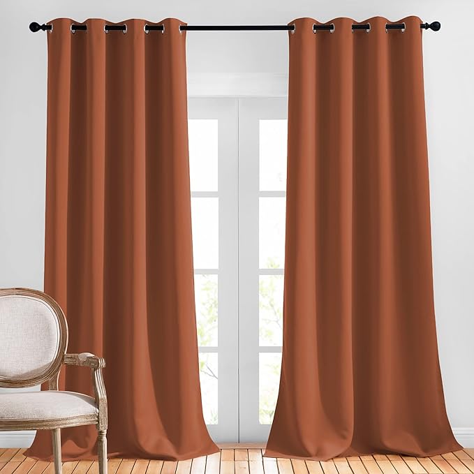 NICETOWN Light Blocking Curtains Extra Long 120" - Grommet Room Darkening Thermal Insulated Solid Window Drapes for Bedroom/Living Room, Burnt Orange, 2 Panels, W52 x L120