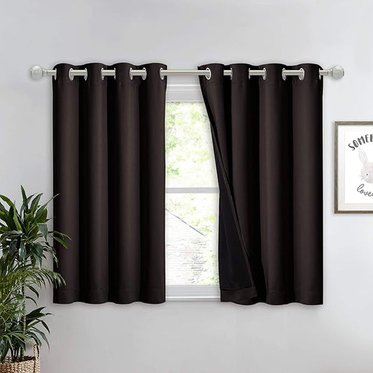 NICETOWN 100% Blackout Curtain 45 inches Length, 2 Thick Layers Completely Blackout Window Treatment Thermal Insulated Lined Drape for Basement Window (Brown, 1 Piece, 52 inches Width Each Panel)