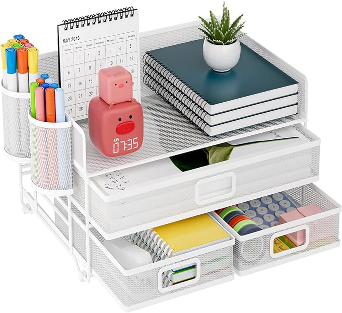 Marbrasse 3 Tier Mesh Desk Organizer with Drawer, Multi-Functional Desk Organizers and Accessories, Paper Letter Organizer with 2 Pen Holder for Home Office Supplies (White)