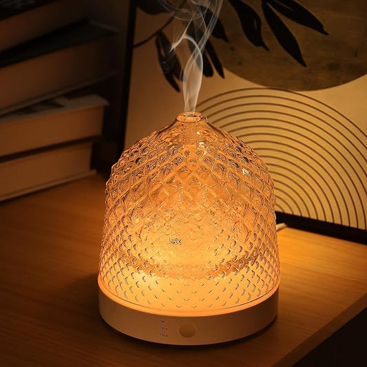 Glass Essential Oil Diffuser, 200ml Ultrasonic Aroma Diffusers with Glass Reservoir Dome & White Plastic Base Lock Color Auto-Off Timer 7 Color Light for Home Office Bedroom Yoga