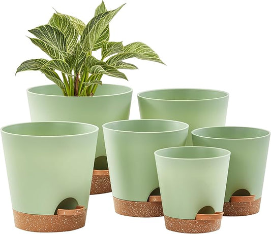 FaithLand 6-Pack Green Self Watering Planter Pots for Indoor Outdoor Plants - 8, 7, 6.5, 6, 5.5, 5 Inches Flower Pots