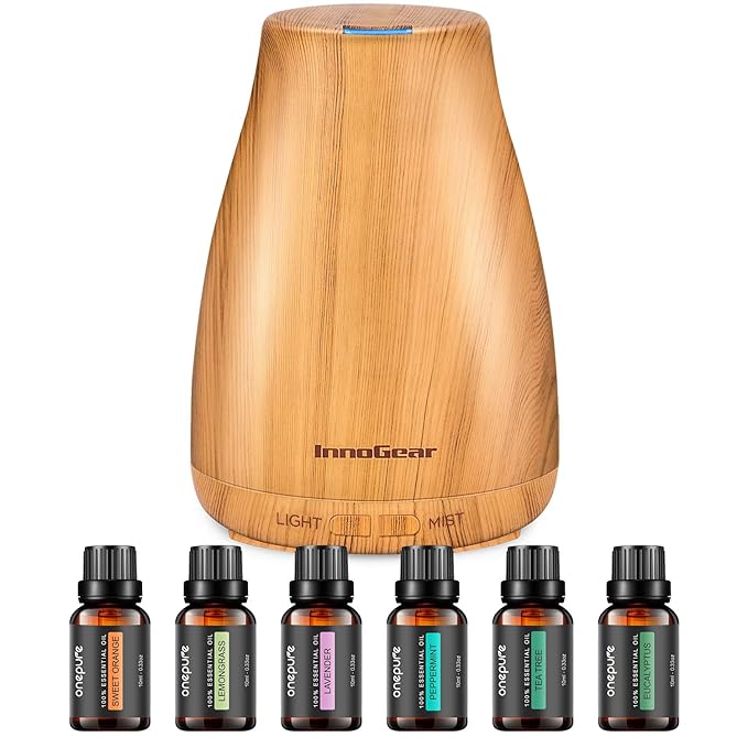 InnoGear Essential Oil Diffuser with Oils, 100ml Aromatherapy Diffuser with 6 Essential Oils Set, Aroma Cool Mist Humidifier Gift Set, Yellow Wood Grain