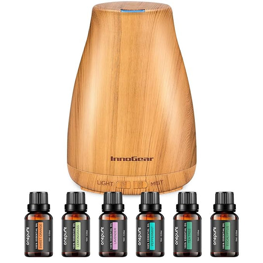 InnoGear Essential Oil Diffuser with Oils, 100ml Aromatherapy Diffuser with 6 Essential Oils Set, Aroma Cool Mist Humidifier Gift Set, Yellow Wood Grain