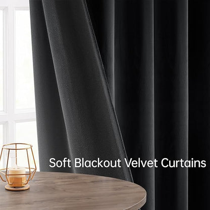 Topfinel Black Curtains 90 Inches Long for Bedroom,Moderate Velvet Fabric Drapes,Rod Pocket Back Tab Room Darkening Elegant Curtains for Living Room,90 Inch Length 2 Panels Set