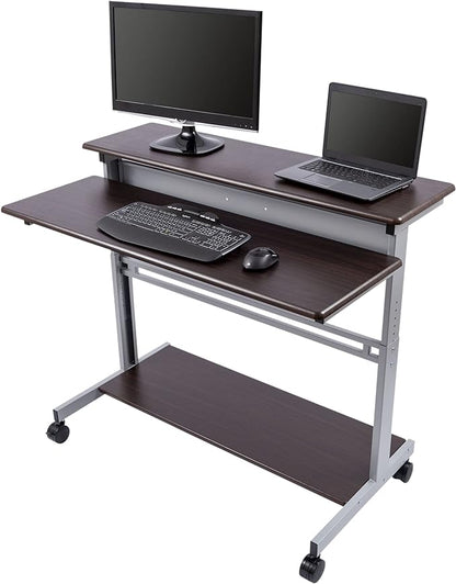 Stand Up Desk Store Rolling Adjustable Height Two Tier Standing Desk Computer Workstation (Silver Frame/Dark Walnut Top, 48" Wide)