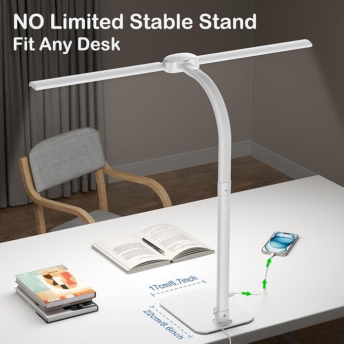 Desk Lamp with USB Charging Port for Home Office 24w Architect Remote Base Dual Task Led Light Modern 5 Color Modes Dimmable Adjustable Gooseneck Double Head Reading Drafting Eye Caring Tall Lamps