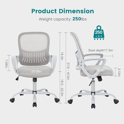 Office Chair, Mid Back Computer Ergonomic Mesh Desk with Larger Seat, Executive Height Adjustable Swivel Task with Lumbar Support and Armrests for Women Adults