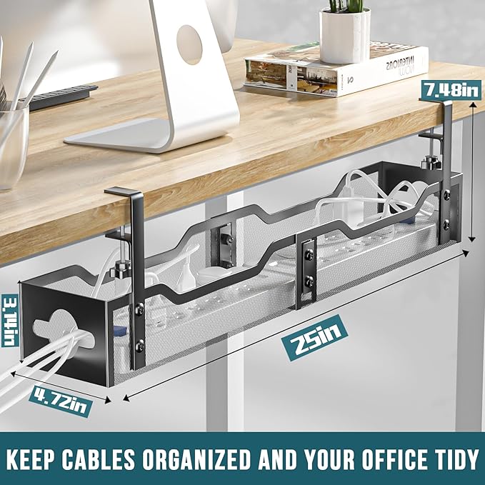 Under Desk Cable Management Tray, Litwaro Cable Management Under Desk No Drill, 25'' Metal Cable Tray with Clamp for Desk Wire Management, Desk Cord Organizer - No Damage to Desk