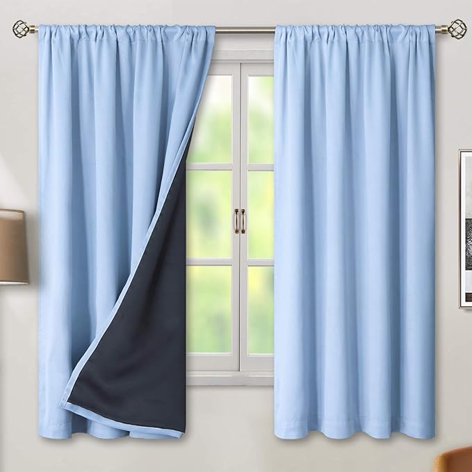 BGment Thermal Insulated 100% Blackout Curtains for Bedroom with Black Liner, Double Layer Full Room Darkening Noise Reducing Rod Pocket Curtain (52 x 63 Inch, Spa Blue, 2 Panels)