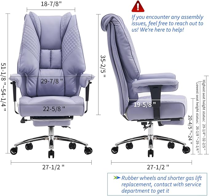 Big and Tall Office Chair 400lbs Wide Seat, Leather High Back Executive Office Chair with Foot Rest, Ergonomic Office Chair Lumbar Support for Lower Back Pain Relief (Light Purple)