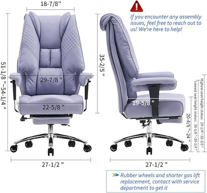 Big and Tall Office Chair 400lbs Wide Seat, Leather High Back Executive Office Chair with Foot Rest, Ergonomic Office Chair Lumbar Support for Lower Back Pain Relief (Light Purple)