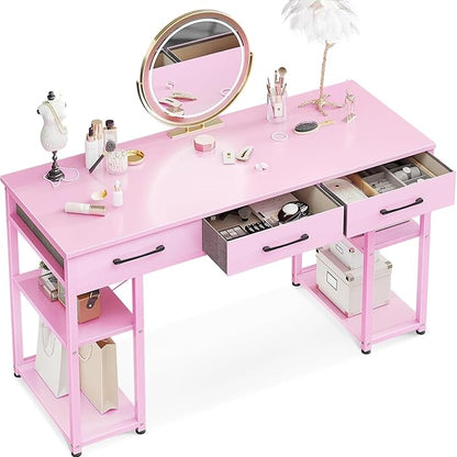 ODK Vanity Desk with Fabric Drawers & Storage Shelves, Makeup Dressing Table, Home Office Desks for Bedroom, Modern Simple Writing Desk,Pink, 48"x16" (No Mirror