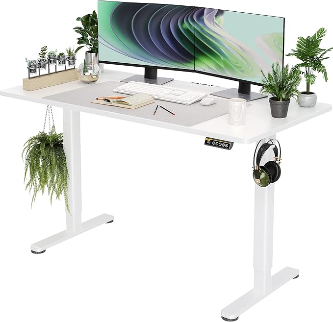 Electric Standing Desk, Adjustable Height Stand up Desk, 55x24 Inches Sit Stand Home Office Desk with Splice Board, White Frame/White Top