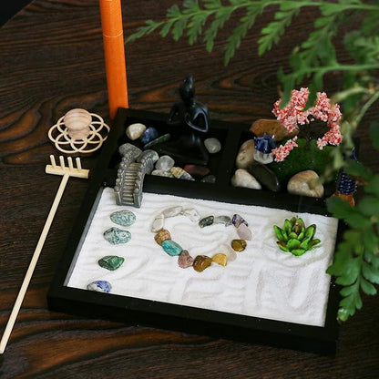 Desktop Meditation Yoga Zen Garden Kit Japanese Tabletop Rock Sand Chakra Shrine Altar Japanese Zen Decor Home Office Desk Zen Gifts for Women Man Birthday w/Rake Tool Accessories Bonsai