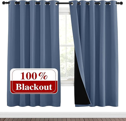 NICETOWN Full Shade Curtain Panels 72 inches Long, Pair of Energy Smart & Noise Blocking Out Blackout Drapes for Guest Room Window, Thermal Insulated Lined Window Dressing (Stone Blue, 70x72)