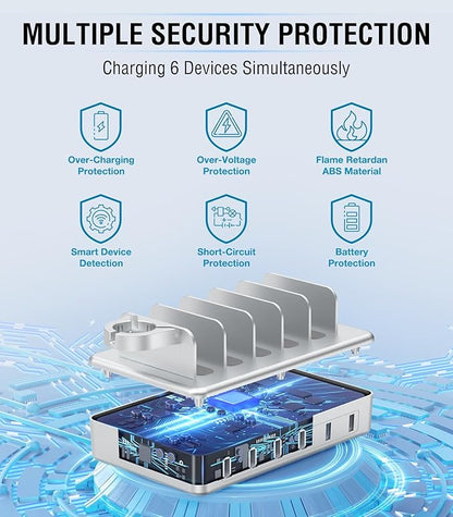 Charging Station for Multiple Devices Apple,50W 6 Port&6 Cables Charging Station for Apple Device with Apple Watch Holder,Charging Dock for Cellphone, Kindle, Tablet and Other Electronic (Sliver)