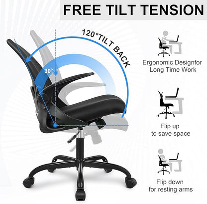 Primy Office Chair Ergonomic Desk Chair with Flip up Armrests Swivel Breathable Desk Mesh Computer Chair with Adjustable Lumbar Support and Height for Conference Room (Black)