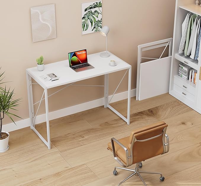 Coavas Folding Desk No Assembly Required, 39.4 inch Small Foldable Desk Writing Computer Table Space Saving Simple Home Office Desk, White