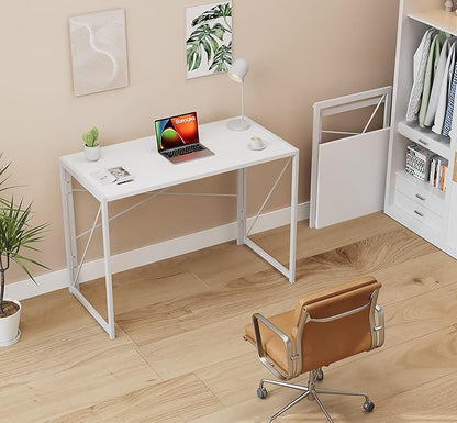 Coavas Folding Desk No Assembly Required, 39.4 inch Small Foldable Desk Writing Computer Table Space Saving Simple Home Office Desk, White