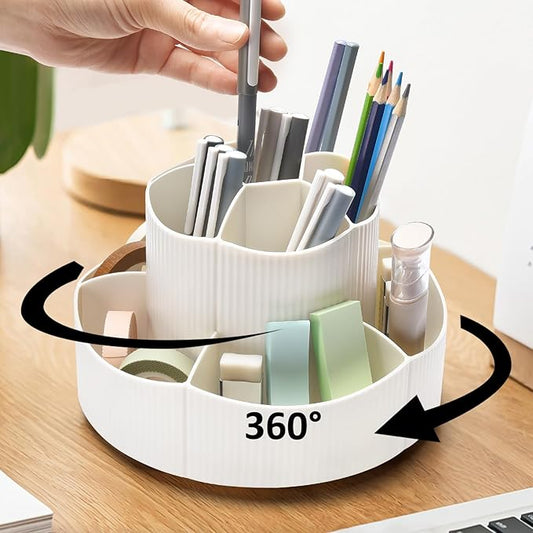 Rotating Desk Organizer, 360° Rotating Pencil Pen Holder for Desk, Desk Organizers and Accessories with 11 Slots Pencil Organizer, Art Supply Storage Box Caddy for Office (Beige)