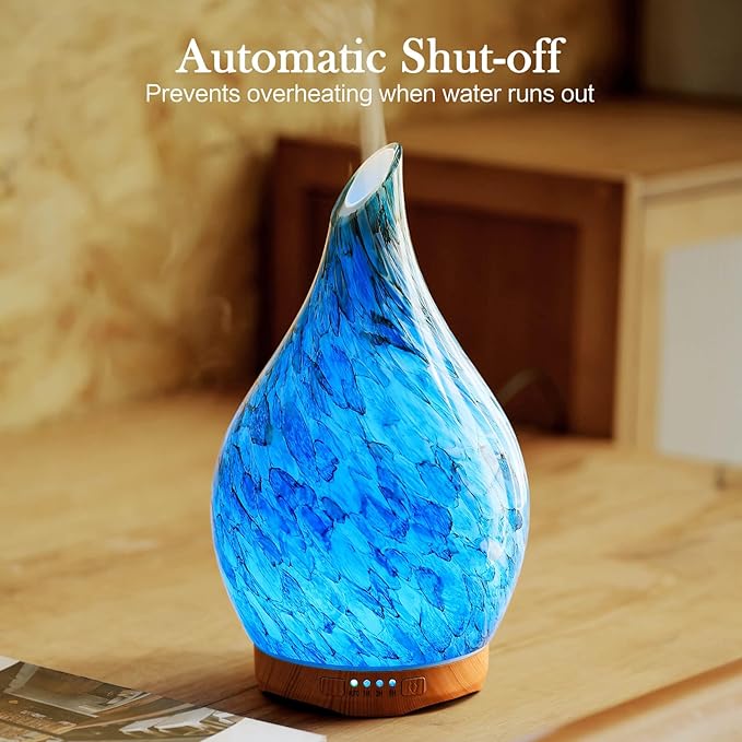 Porseme 280ml Glass Essential Oil Diffuser Aromatherapy Ultrasonic Cool Mist Humidifier 7 Running Hours Waterless Auto-Off Air Diffusers for Sleeping, Yoga, Office Working, Spa and Rest (Light Blue)