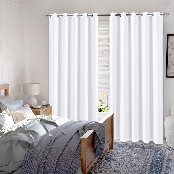 Wide Blackout Curtains for Bedroom 84 Inch Length 2 Panels with White Liner, Thermal Insulated Light Blocking Soundproof Window Curtains for Living Room, Each 60 Inch Wide, White