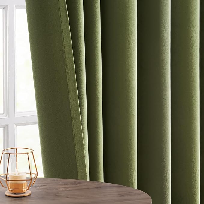 Topfinel 92 Inches Long Custom Olive Green Velvet Curtains for Living Room, Room Darkening Rod Pocket Boho Insulating Decorative Mid Century Modern Funky Drapes 2 Panels for Track System Dining Room