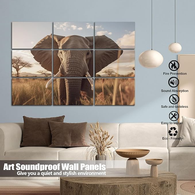 9 Pack Wall Art Acoustic Panels,48" X 36"Sound Absorbing Panels, Decorative Sound Dampening Panels, Acoustic Treatment for Studio Home and Office （elephant）