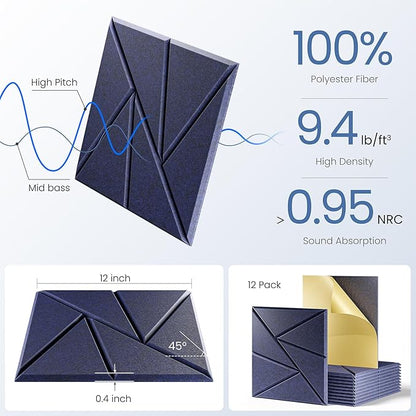 12 pack Acoustic Panels With Self-Adhesive, 12"X 12"X 0.4"Sound Proof Foam Panels, Sound Panels High Density, Soundproof Wall Panels for Home Studio Office-Blue