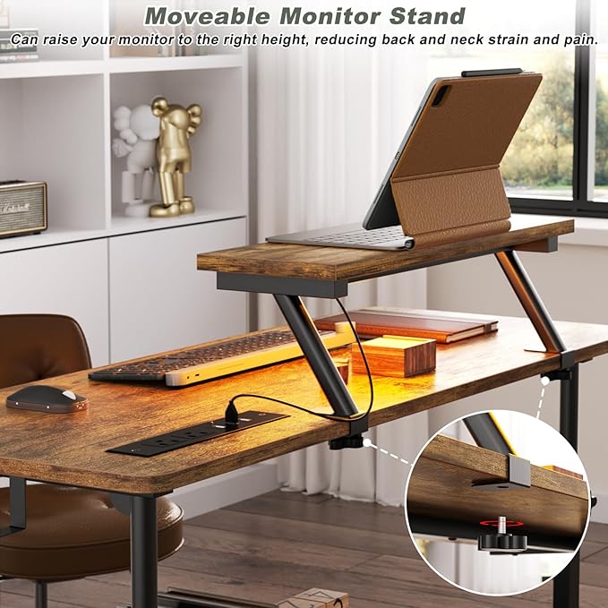 Height Adjustable Standing Desk with Power Outlets and LED Lights - 39" Manual Stand Up Desk with Monitor Stand and Storage Shelves Small Mobile Rolling Computer Desk Portable Laptop Table, Rustic