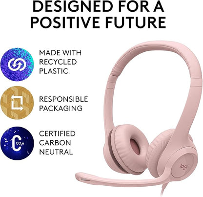 Logitech H390 Wired Headset for PC/Laptop, Stereo Headphones with Noise Cancelling Microphone, USB-A, in-Line Controls for Video Meetings, Music, Gaming and Beyond - Rose