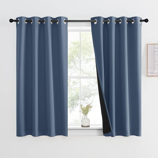 NICETOWN 100% Blackout Curtain with Black Liner, Thermal Insulated 2-Layer Lined Drape, Room Warming Small Window Drapery for Dining Room (Stone Blue, 1 Panel, 46 inches W by 54 inches L)