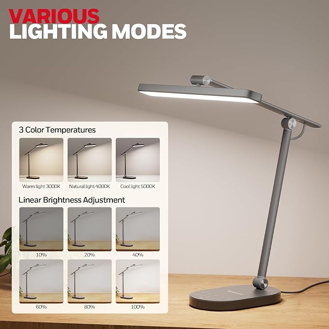 Honeywell LED Desk Lamp for Home Office - H4 Sunturalux™ Eye-Caring Desk Light, 14W Dimmable Table Lamp with 3 Color Modes 5 Brightness Levels, Auto Dimming, Timer, Adjustable Reading Lamp, Gray