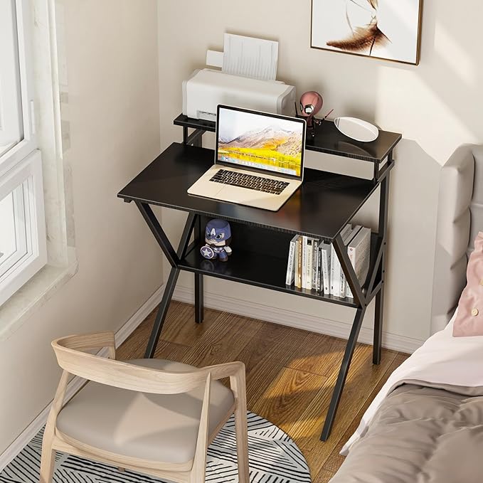 ODK Small Computer Desk, 27.5 Inch, Compact Tiny Study Desk with Storage and Monitor Stand for Home Office, Small Spaces, Black