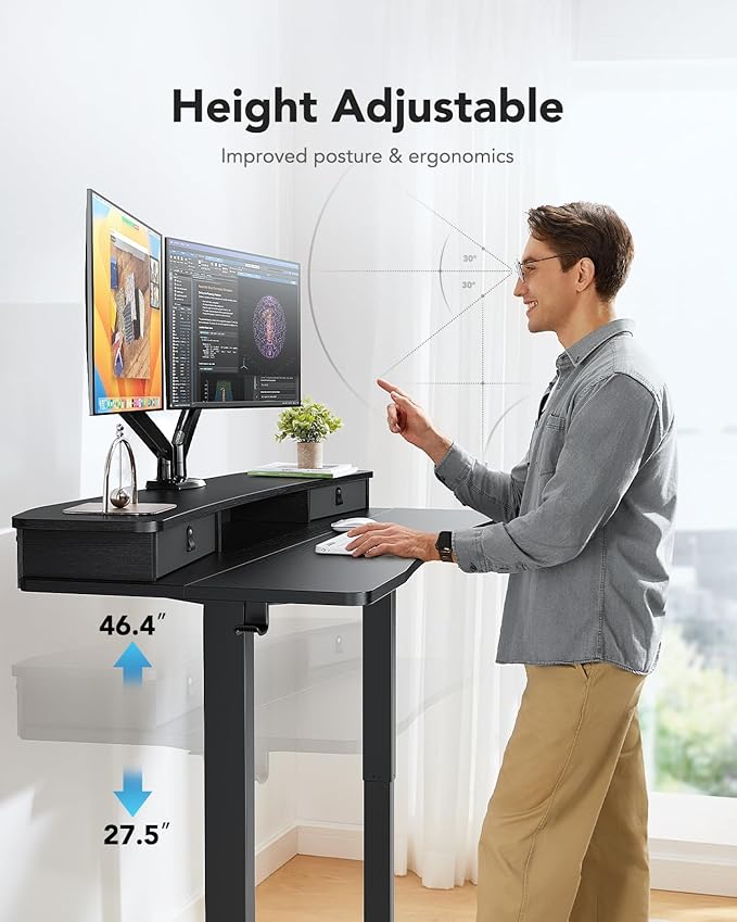 HUANUO 55″ x 26″ Electric Standing Desk with 2 Drawers, C-Clamp Mount Compatible, Height Adjustable Computer Desk, Home Office Stand Up Desk with 4 Preset Heights & 2 Hooks, Black